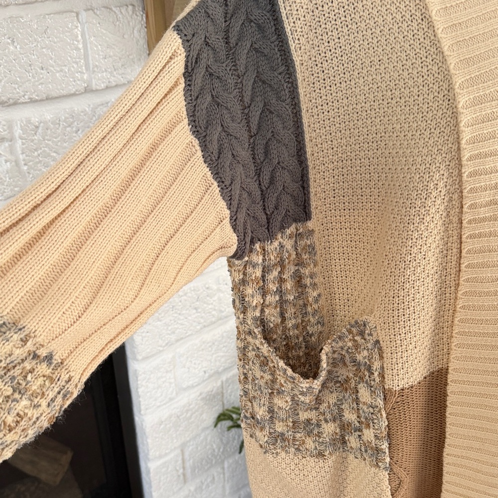 BKE Patchwork Knit Cardigan in Cream and Brown - Picture 3 of 7